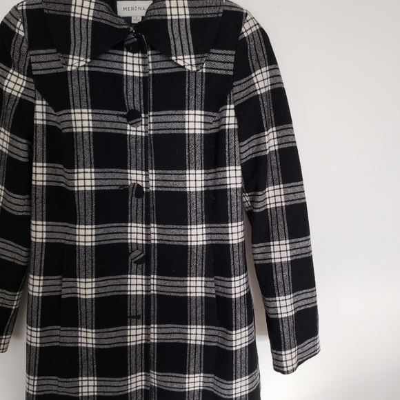 Merona Buffalo Check Black & White Plaid Wool Blend Coat Small Tartan - Picture 4 of 10